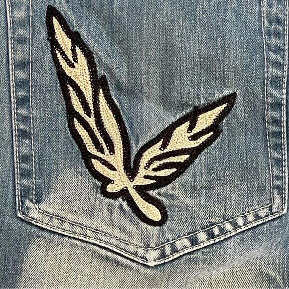 Vintage AKOO Faded Distressed Jeans Embroidered Feather Leaf Pocket Detail 38 - Picture 12 of 16